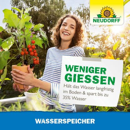 Mit dem Wasserspeicher von Neudorff weniger gießen, da der Speicher das Wasser langfristig im Boden hält und man so bis zu 35% Wasser spart