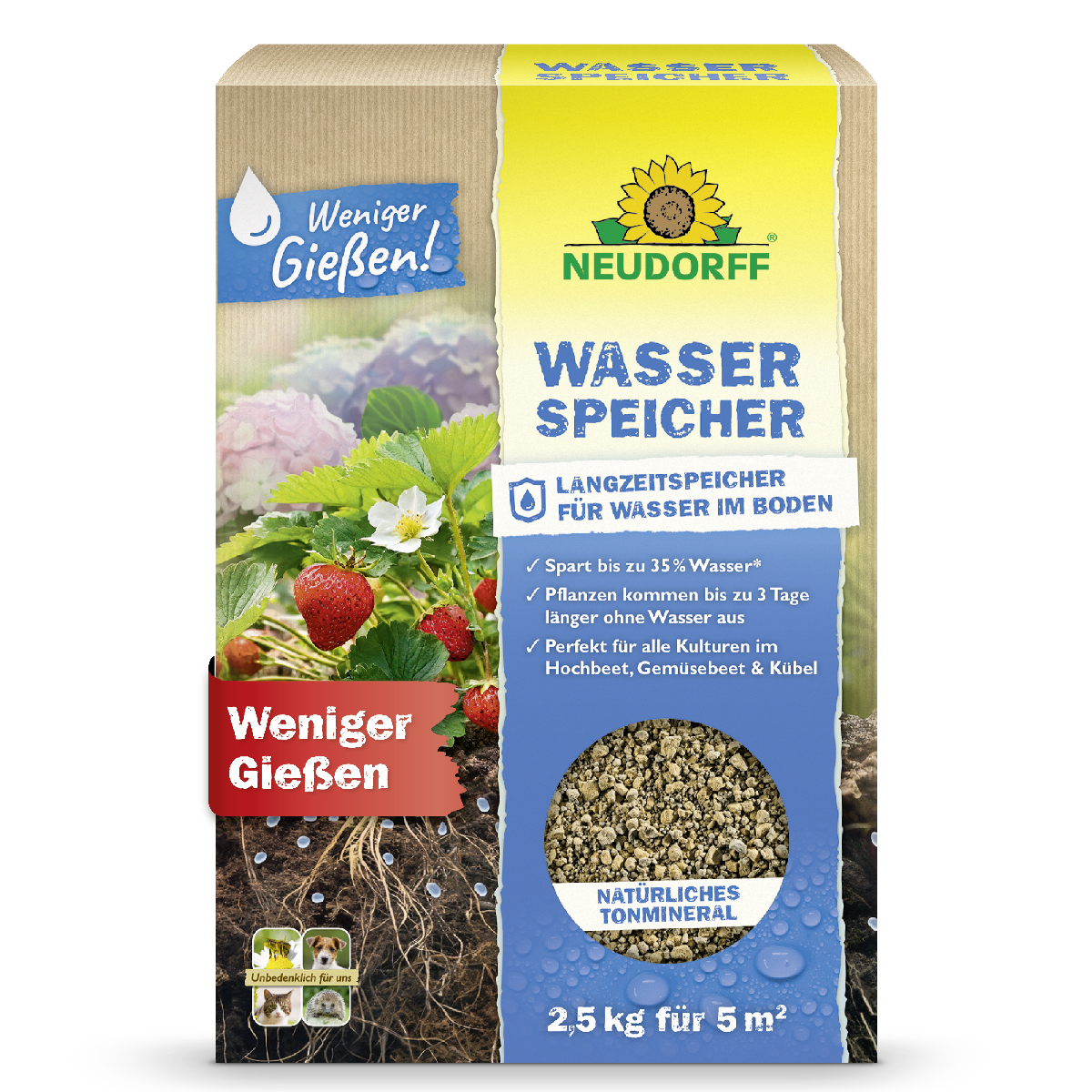 Der Wasserspeicher von Neudorff ist der Langzeitspeicher für Wasser im Boden und reduziert das Gießen von Pflanzen