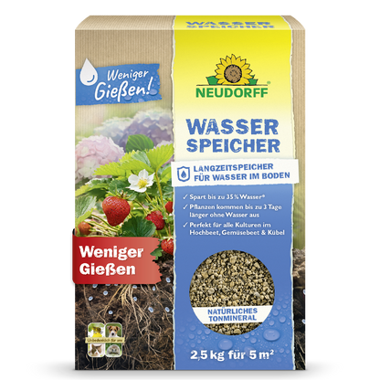 Der Wasserspeicher von Neudorff ist der Langzeitspeicher für Wasser im Boden und reduziert das Gießen von Pflanzen