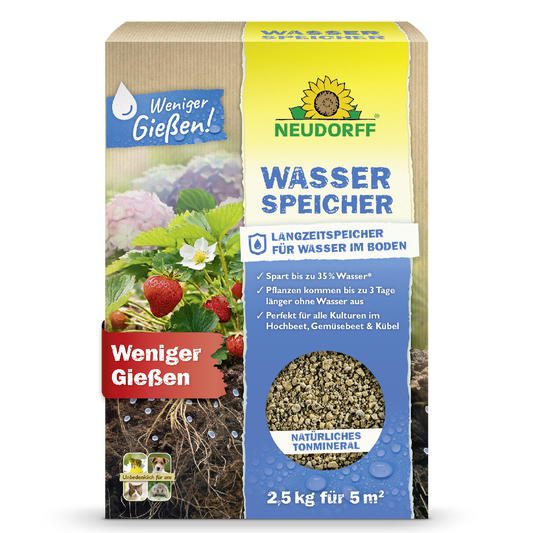 Der Wasserspeicher von Neudorff ist der Langzeitspeicher für Wasser im Boden und reduziert das Gießen von Pflanzen
