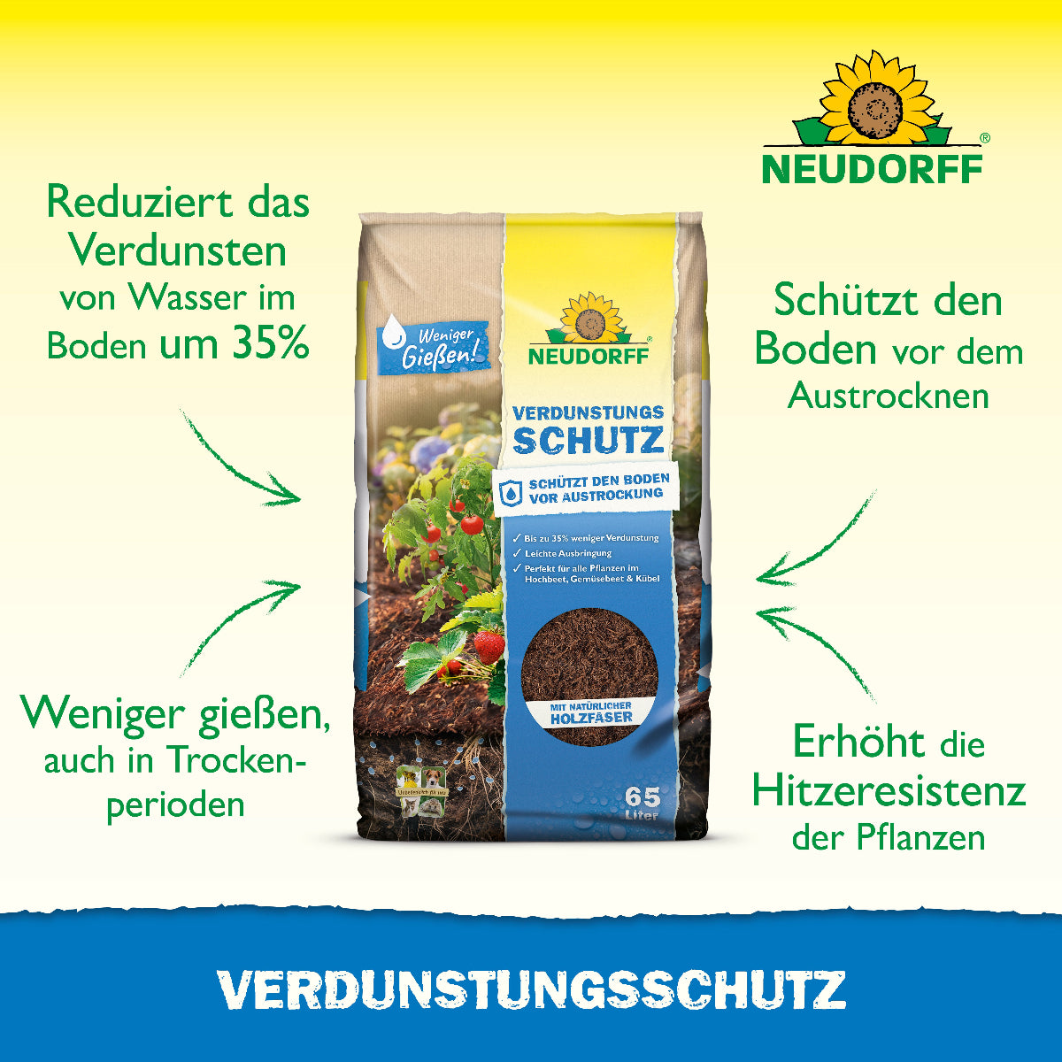 Neudorff Verdunstungsschutz reduziert das Verdunsten von Wasser im Boden um 35%