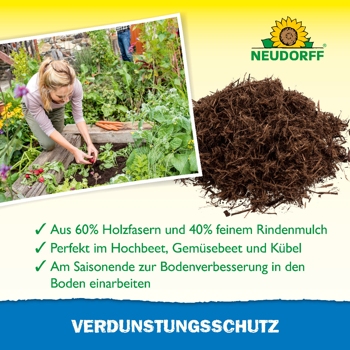 Neudorff Verdunstungsschutz aus 60% Holzfasern und 40% feinem Rindenmulch