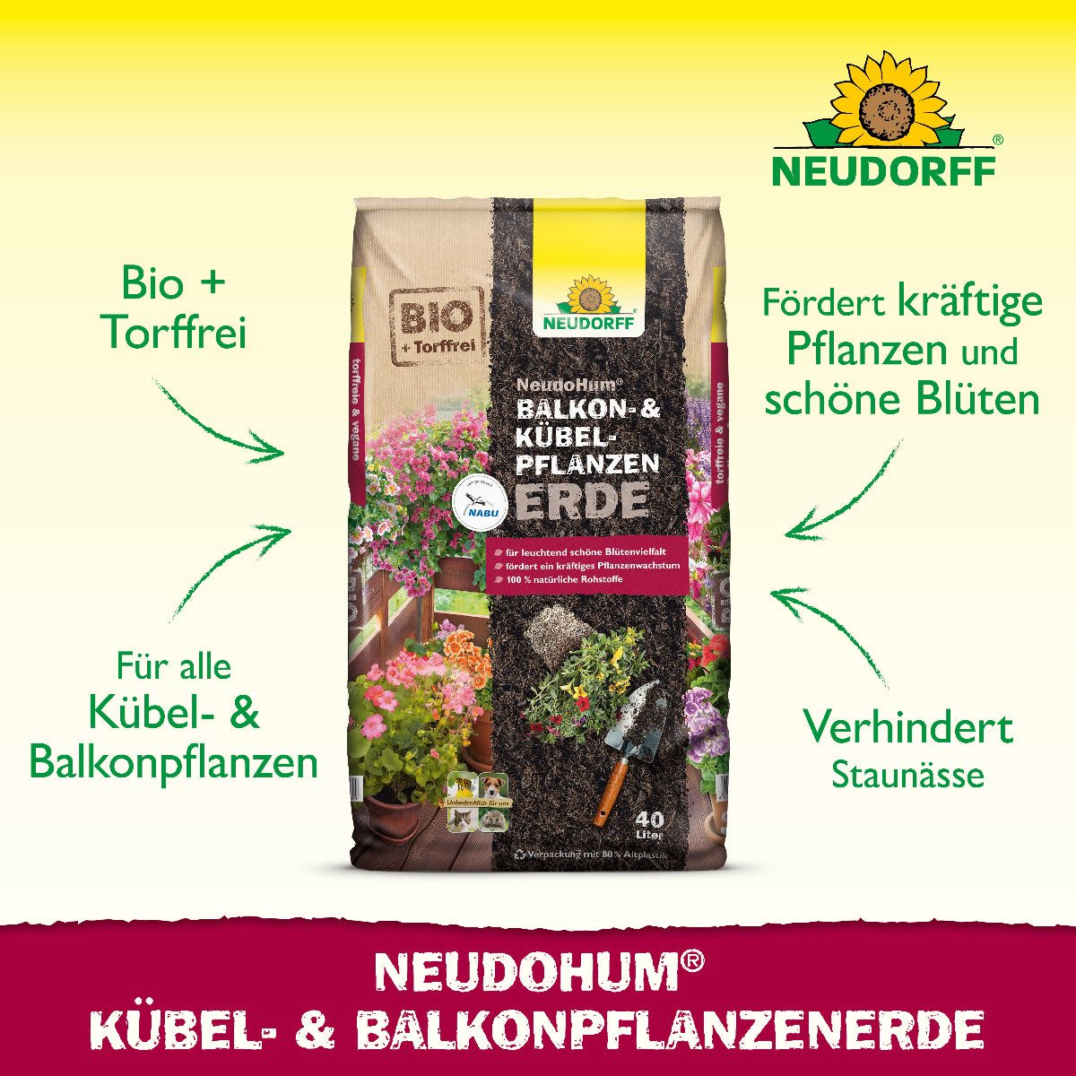 Neudorff NeudoHum Balkon-& Kübel-Pflanzen Erde mit den vier wichtigsten Produktvorteilen