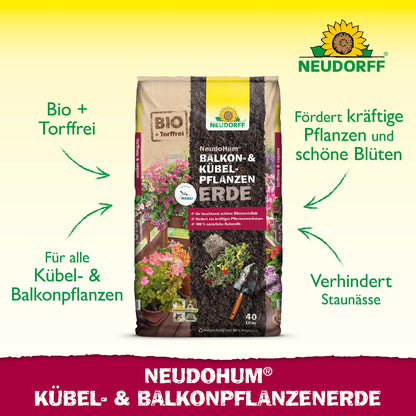 Neudorff NeudoHum Balkon-& Kübel-Pflanzen Erde mit den vier wichtigsten Produktvorteilen