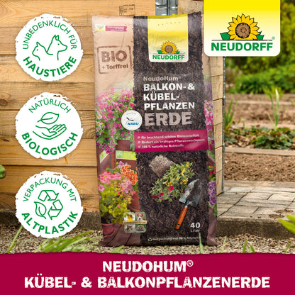 Neudorff NeudoHum Balkon- & Kübel-Pflanzen Erde mit den Hinweisen unbedenklich für Haustiere, natürlich biologisch und Verpackung mit Altplastik