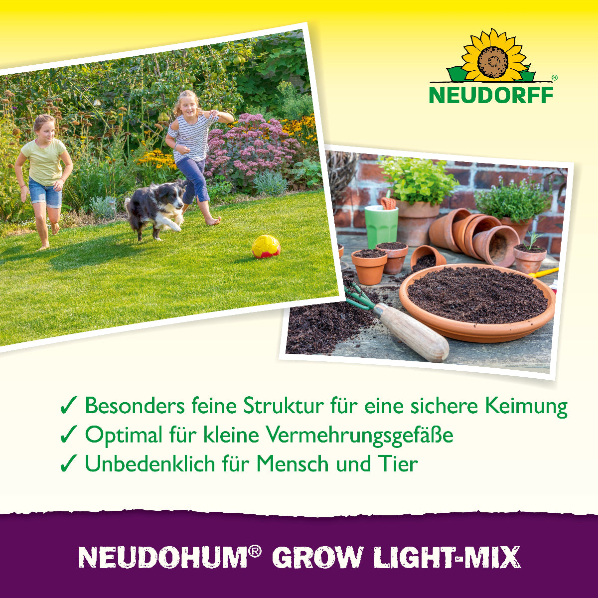 Bild von Kindern, die im Garten mit einem Hund spielen und darunter 3 Punkte zum Produkt, welches unter anderem unbedenklich für Mensch und Tier ist 