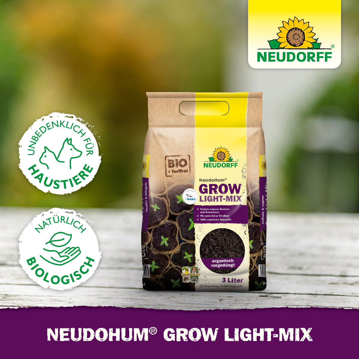 Neudorff NeudoHum Grow Light-Mix mit den Hinweisen unbedenklich für Haustiere und natürlich biologisch