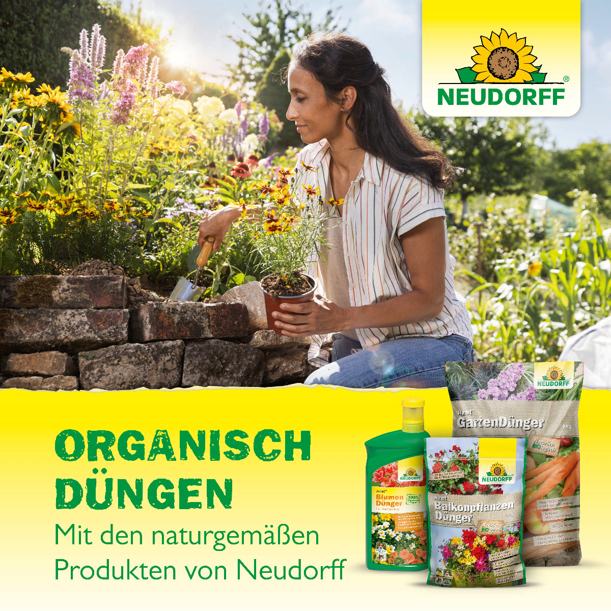 Bild einer Frau im Garten und Produktempfehlungen zum organischen Düngen mit den naturgemäßen Produkten von Neudorff