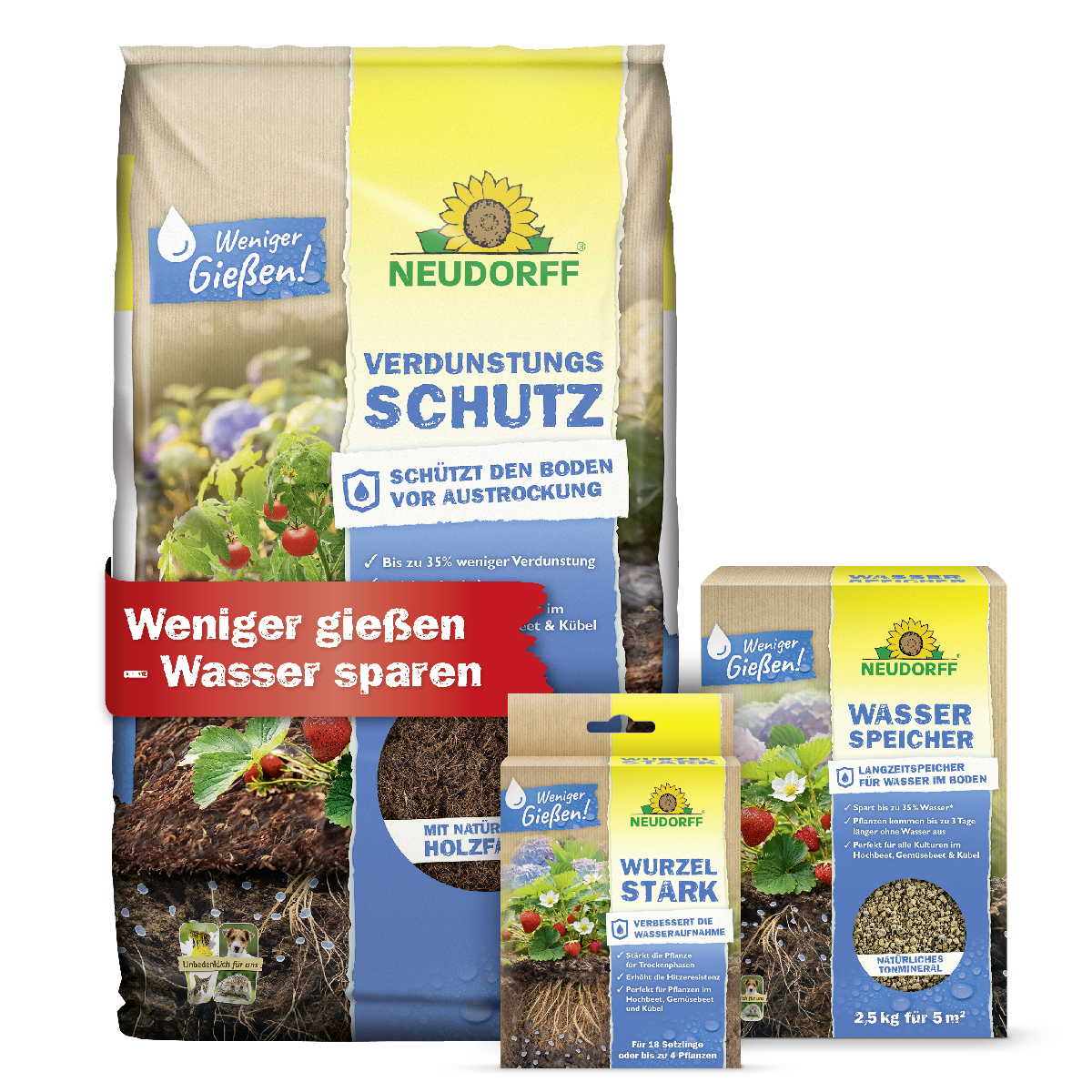 Mit dem Wasserspar-Set von Neudorff bestehend aus Verdunstungsschutz, Wurzelstark und Wasserspeicher weniger gießen und Wasser sparen