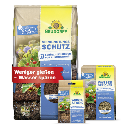 Mit dem Wasserspar-Set von Neudorff bestehend aus Verdunstungsschutz, Wurzelstark und Wasserspeicher weniger gießen und Wasser sparen
