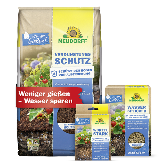 Mit dem Wasserspar-Set von Neudorff bestehend aus Verdunstungsschutz, Wurzelstark und Wasserspeicher weniger gießen und Wasser sparen