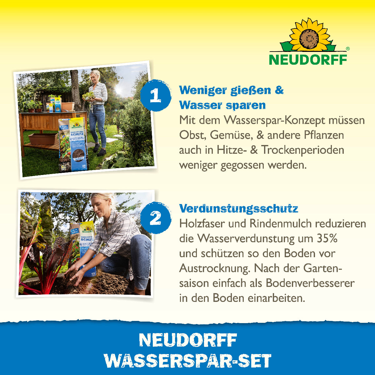 Weniger gießen und Wasser sparen mit dem Wasserspar-Set von Neudorff sowie Verdunstungsschutz aus Holzfaser und Rindenmulch 