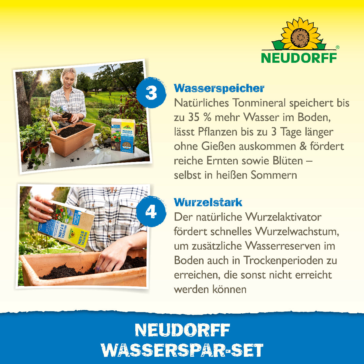 Beim Wasserspar-Set von Neudorff in Schritt 3 den Wasserspeicher und in Schritt 4 Wurzelstark in den Boden streuen