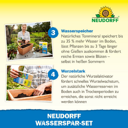 Beim Wasserspar-Set von Neudorff in Schritt 3 den Wasserspeicher und in Schritt 4 Wurzelstark in den Boden streuen