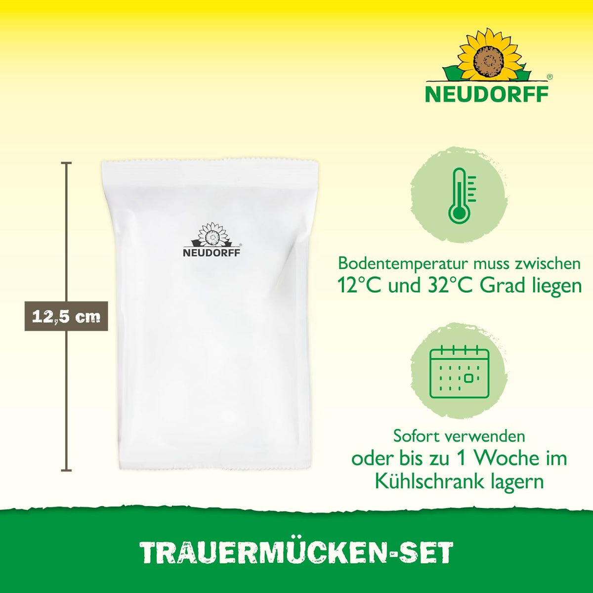 Beutel des Neudorff Trauermücken-Sets mit Hinweisen zur Anwendung: Bodentemperatur zwischen 12 und 32 °C, sofort verwenden oder bis zu einer Woche im Kühlschrank lagern.