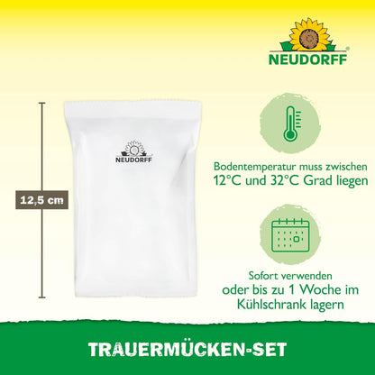 Beutel des Neudorff Trauermücken-Sets mit Hinweisen zur Anwendung: Bodentemperatur zwischen 12 und 32 °C, sofort verwenden oder bis zu einer Woche im Kühlschrank lagern.