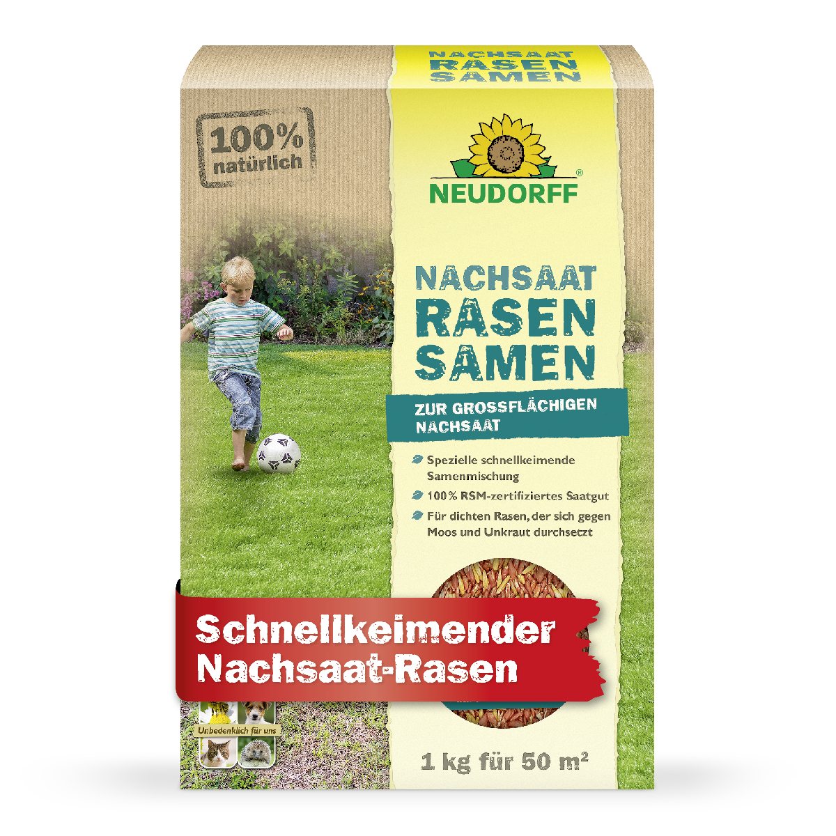 Neudorff Rsaensamen zur großflächigen Nachsaat von Rasen mit schnellkeimendem Nachsaat-Rasen für bis zu 50 Quadratmeter Rasen