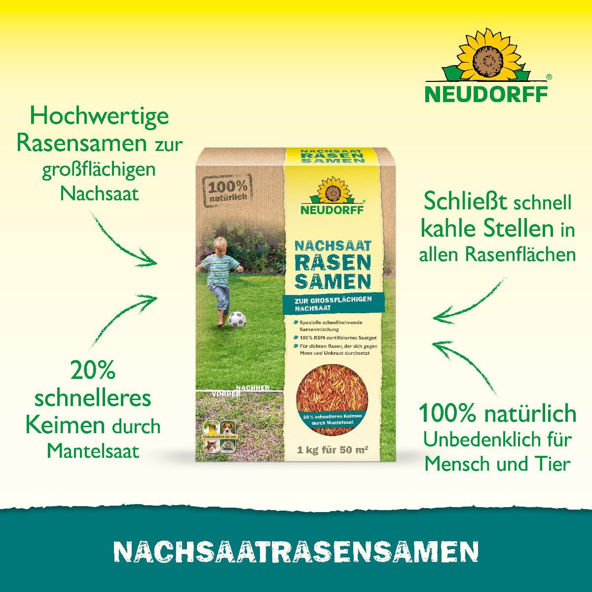 Neudorff Nachsaat Rasensamen für einen sattgrünen, gesunden Rasen und bis zu 20% schnelleres Keimen durch Mantelsaat schließt kahle Stellen in allen Rasenflächen