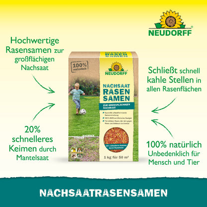 Neudorff Nachsaat Rasensamen für einen sattgrünen, gesunden Rasen und bis zu 20% schnelleres Keimen durch Mantelsaat schließt kahle Stellen in allen Rasenflächen