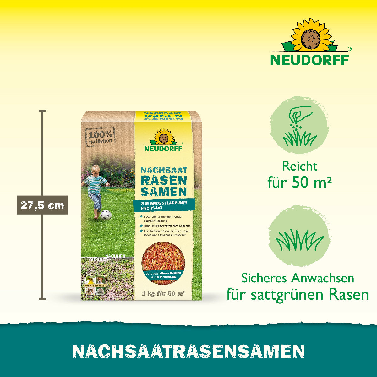 Neudorff Nachsaat Rasensamen für das sichere Anwachsen eines sattgrünen Rasens auf ca. 50 qm Rasenfläche