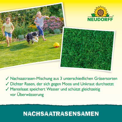 Neudorff Nachsaat Rasensamen aus 3 unterschiedlichen Gräsersorten sorgt für einen sattgrünen, dichten Rasen, der sich gegen Moos und Unkraut durchsetzt