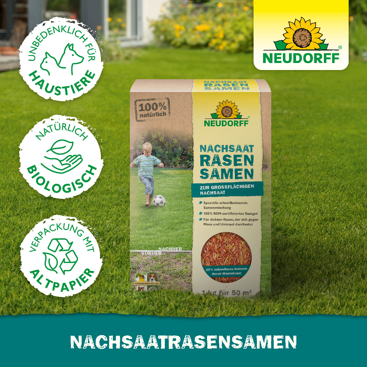 Du willst großflächig den Rasen ausbessern? Mit  dem Nachsaat Rasensamen von Neudorff und seiner hochwertigen Mantelsaat, die Wasser speichert und gleichzeitig vor Überwässerung schützt, ist der sattgrüne, dichte Traumrasen zum Greifen nah 