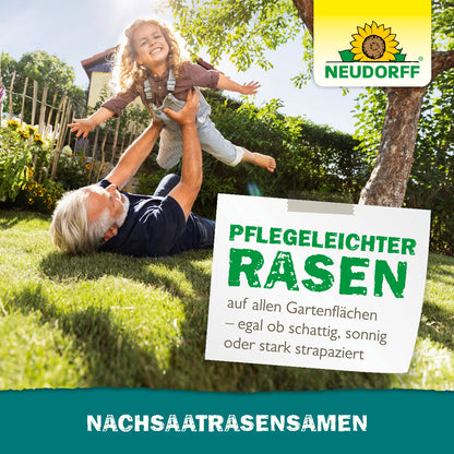Pflegeleichter Rasen auf allen Gartenflächen mit dem Nachsaat Rasensamen von Neudorff