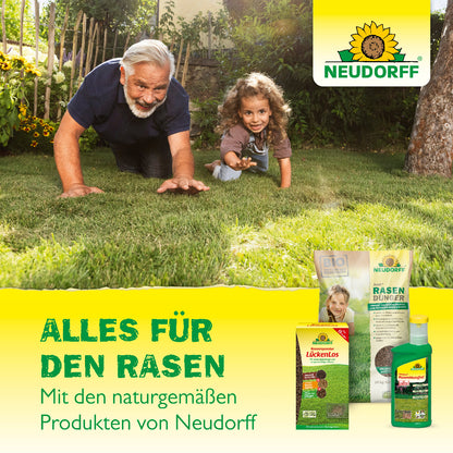Für einen sattgrünen, gesunden Rasen ohne kahle Stellen einfach den Nachtsaat Rasensamen von Neudorff nutzen
