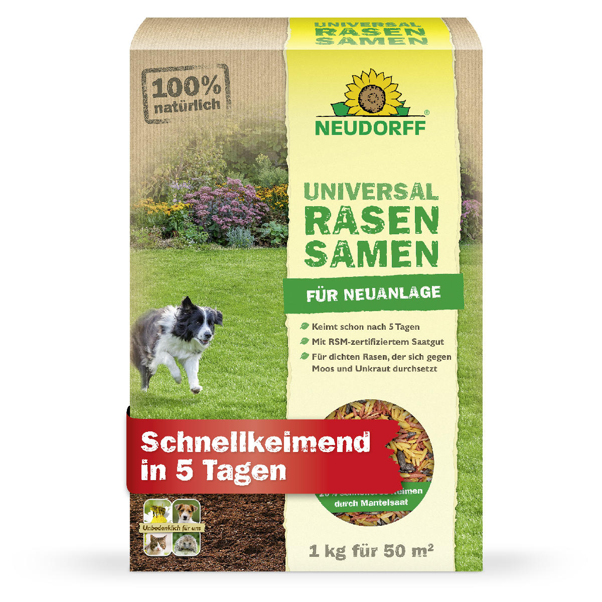 1 Kg Packung Universal Rasensamen von Neudorff mit dem Hinweis schnellkeimend in 5 Tagen