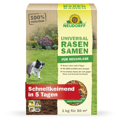 1 Kg Packung Universal Rasensamen von Neudorff mit dem Hinweis schnellkeimend in 5 Tagen