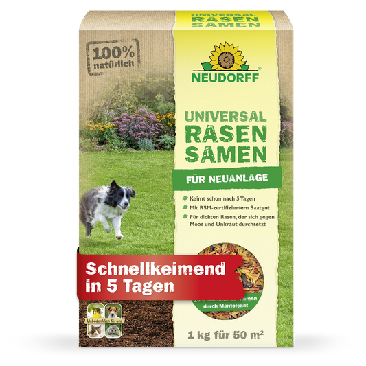 1 Kg Packung Universal Rasensamen von Neudorff mit dem Hinweis schnellkeimend in 5 Tagen