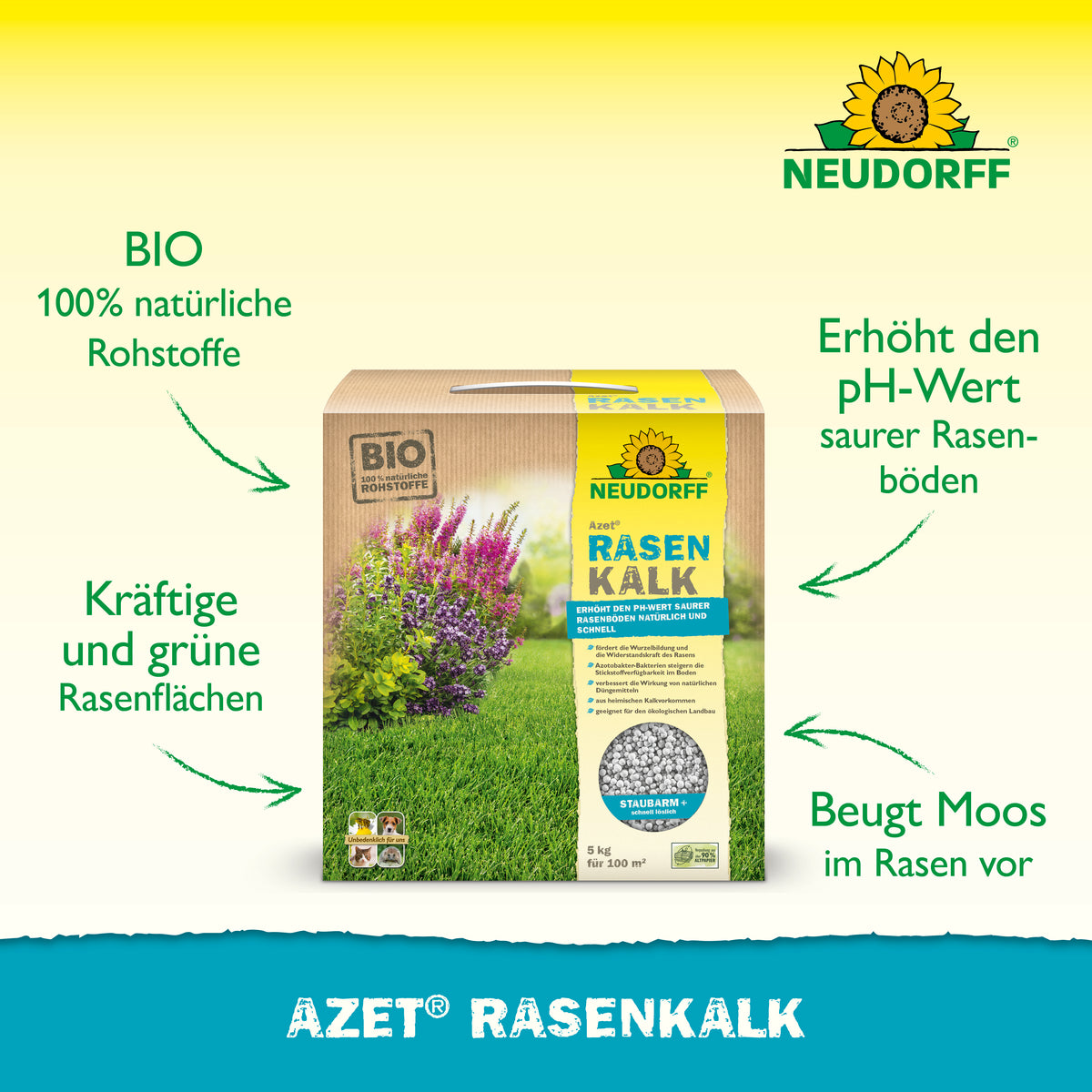 Azet Rasenkalk von Neudorff für kräftige grüne Rasenflächen und zur Vorbeugung gegen Moos