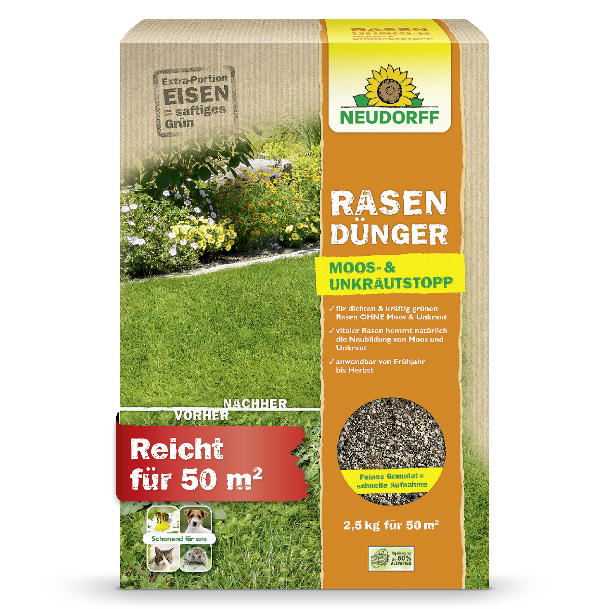 Neudorff Rasendünger Moos- und Unkrautstoff für einen dichten, kräftig grünen Rasen ohne Moos und Unkraut
