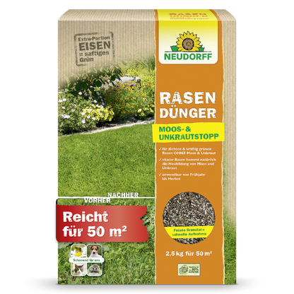 Neudorff Rasendünger Moos- und Unkrautstoff für einen dichten, kräftig grünen Rasen ohne Moos und Unkraut