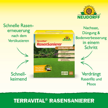 Mit dem TerraVital RasenSanierer von Neudorff kannst du deinen Rasen nach dem Vertikutieren in nur einem Schritt aus Nachsaat, Düngung und Bodenverbesserung schnell und einfach erneuern und gleichzeitig für eine Verdrängung von Rasenfilz und Moos sorgen