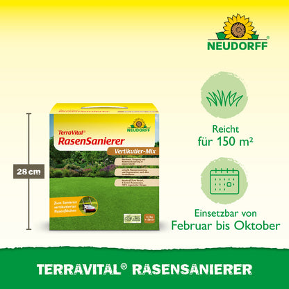 Bei einem trockenen oder ungleichmäßigen Rasen nach dem Vertikutieren empfehlen wir TerraVital RasenSanierer von Neudorff, der in nur einem Schritt den Rasen mit Nachsaat, Düngung und Bodenverbesserung versorgt