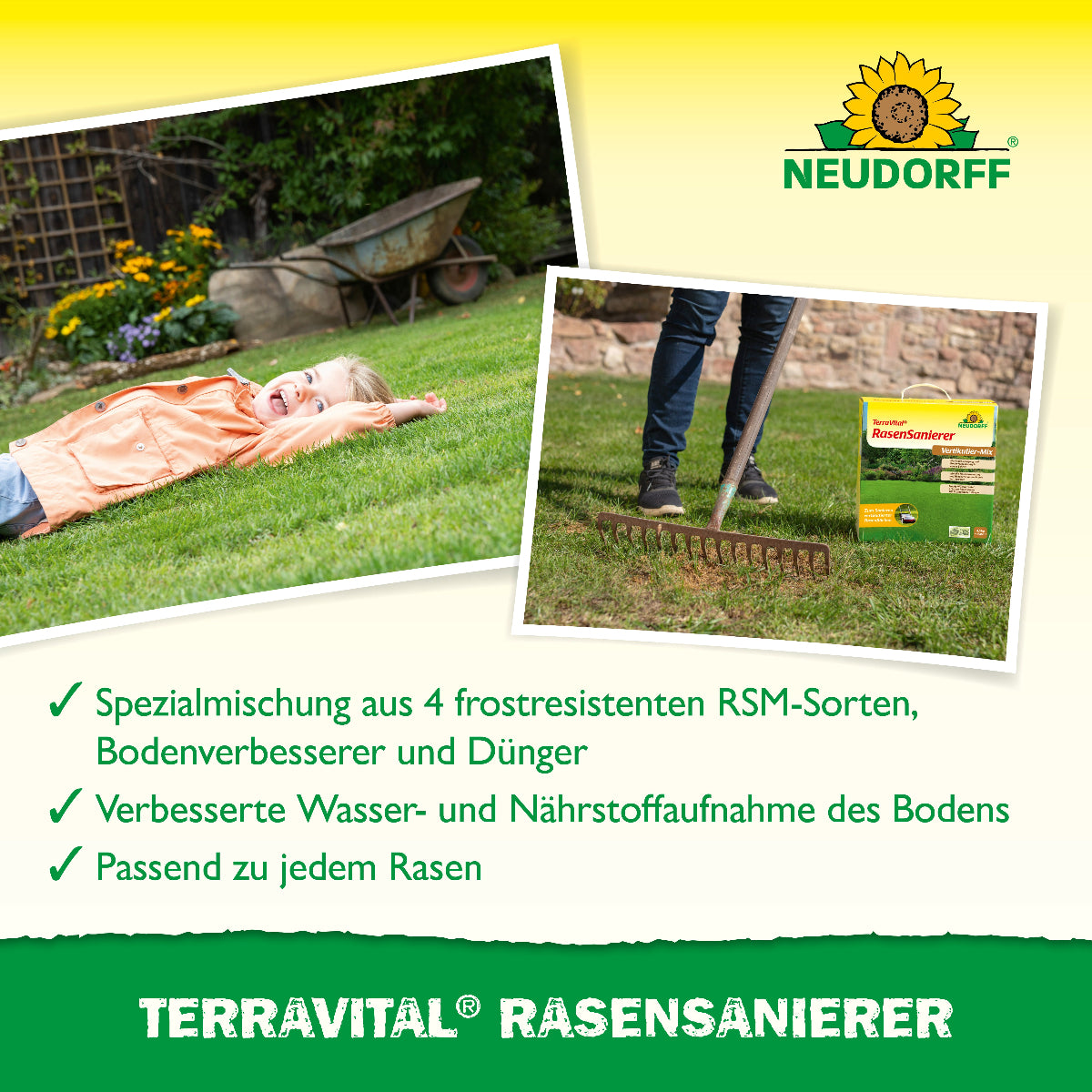 Für die Rasenpflege nach dem Vertikutieren eignet sich der Terravital Rasensanierer von Neudoff, der die Wasser- und Nährstoffaufnahme des Bodens verbessert und Rasensaat, Bodenverbesserung und organischer Düngung in einem ist