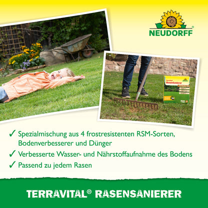 Für die Rasenpflege nach dem Vertikutieren eignet sich der Terravital Rasensanierer von Neudoff, der die Wasser- und Nährstoffaufnahme des Bodens verbessert und Rasensaat, Bodenverbesserung und organischer Düngung in einem ist