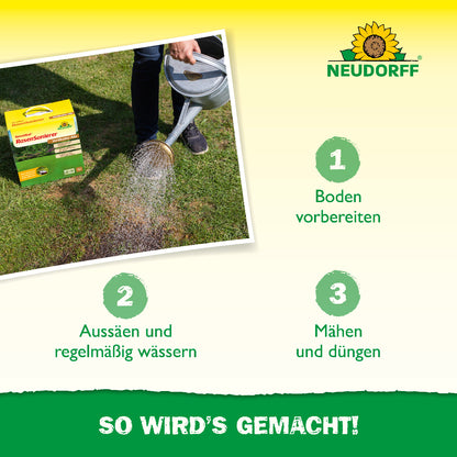 Terravital Rasensanierer von neudorff nach dem Vertikutieren in drei einfachen Schritten als All-In-One-Dünger einsetzen: Boden vorbereiten, aussäen und regelmäßig wässern, mähen und düngen