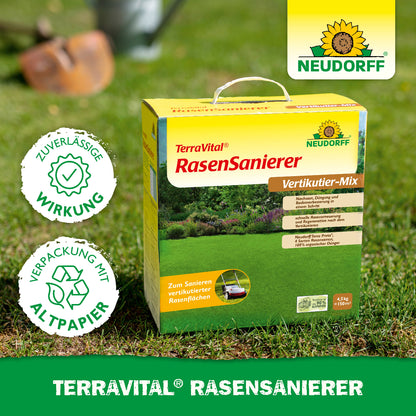 TerraVital RasenSanierer Vertikutier-MIx aus Nachsaat, Düngung und Bodenverbesserung in einem Schritt sorgt für einen sattgrünen, ebenen Rasen ohne kahle Stellen