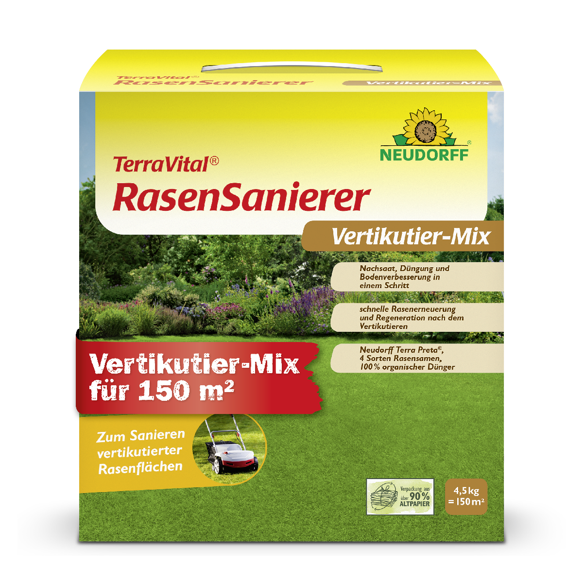 Zum Sanieren vertikutierter Flächen: Der TerraVital RasenSanierer sorgt in nur einem Schritt aus Nachsaat, Düngung und Bodenverbesserung für eine schnelle Rasenerneuerung auf bis zu 150 qm