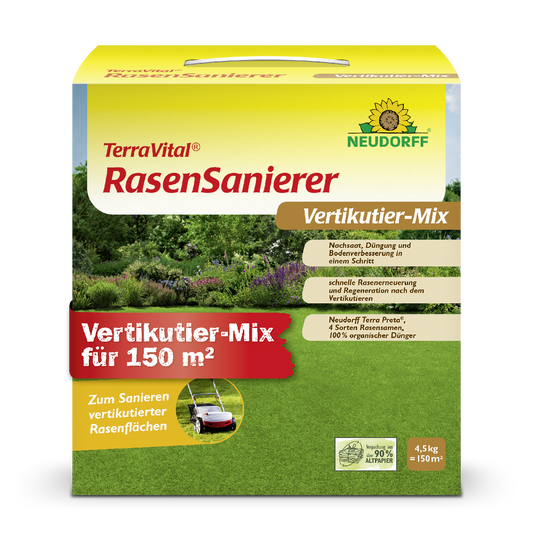 Zum Sanieren vertikutierter Flächen: Der TerraVital RasenSanierer sorgt in nur einem Schritt aus Nachsaat, Düngung und Bodenverbesserung für eine schnelle Rasenerneuerung auf bis zu 150 qm