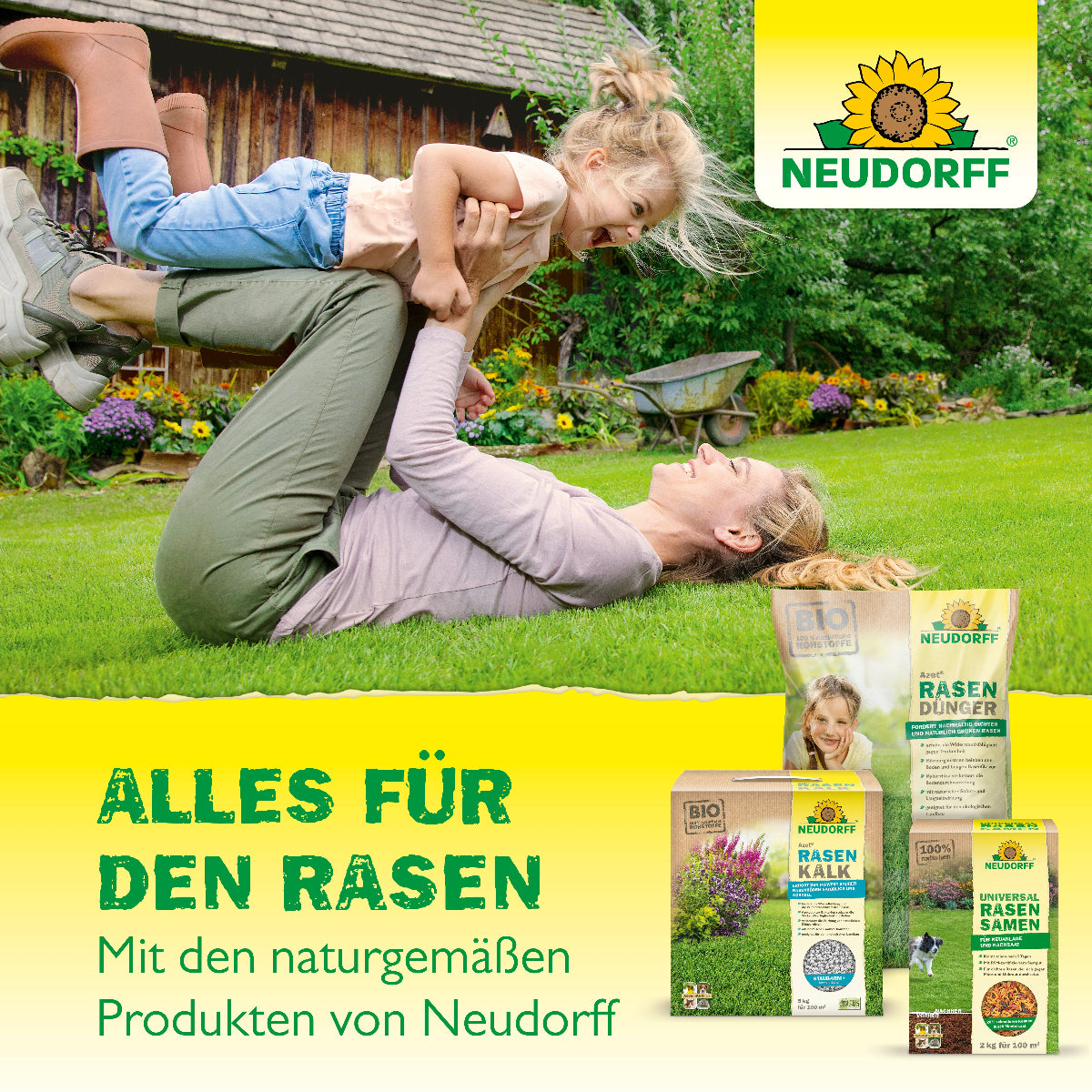 Alles für den Rasen mit den naturgemäßen Produkten von Neudorff wie dem Terra Preta Bodenverbesserer, der die Bodenqualität natürlich verbessert – mit Sofort und Langzeitwirkung