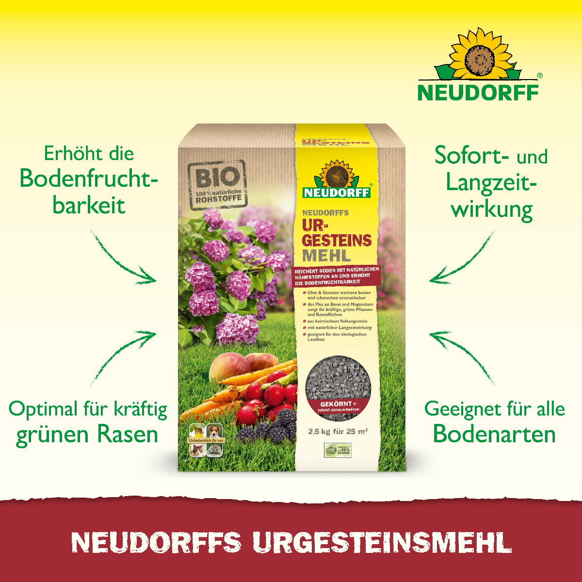 Laut Bild, auf dem mittig das Produkt dargestellt ist, erhöht Neudorffs Urgesteinsmehl die Bodenfruchtbarkeit, ist optimal für kräftig grünen Rasen, hat eine Sofort- und Langzeitwirkung und ist für alle Bodenarten geeignet