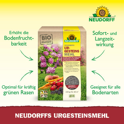 Laut Bild, auf dem mittig das Produkt dargestellt ist, erhöht Neudorffs Urgesteinsmehl die Bodenfruchtbarkeit, ist optimal für kräftig grünen Rasen, hat eine Sofort- und Langzeitwirkung und ist für alle Bodenarten geeignet