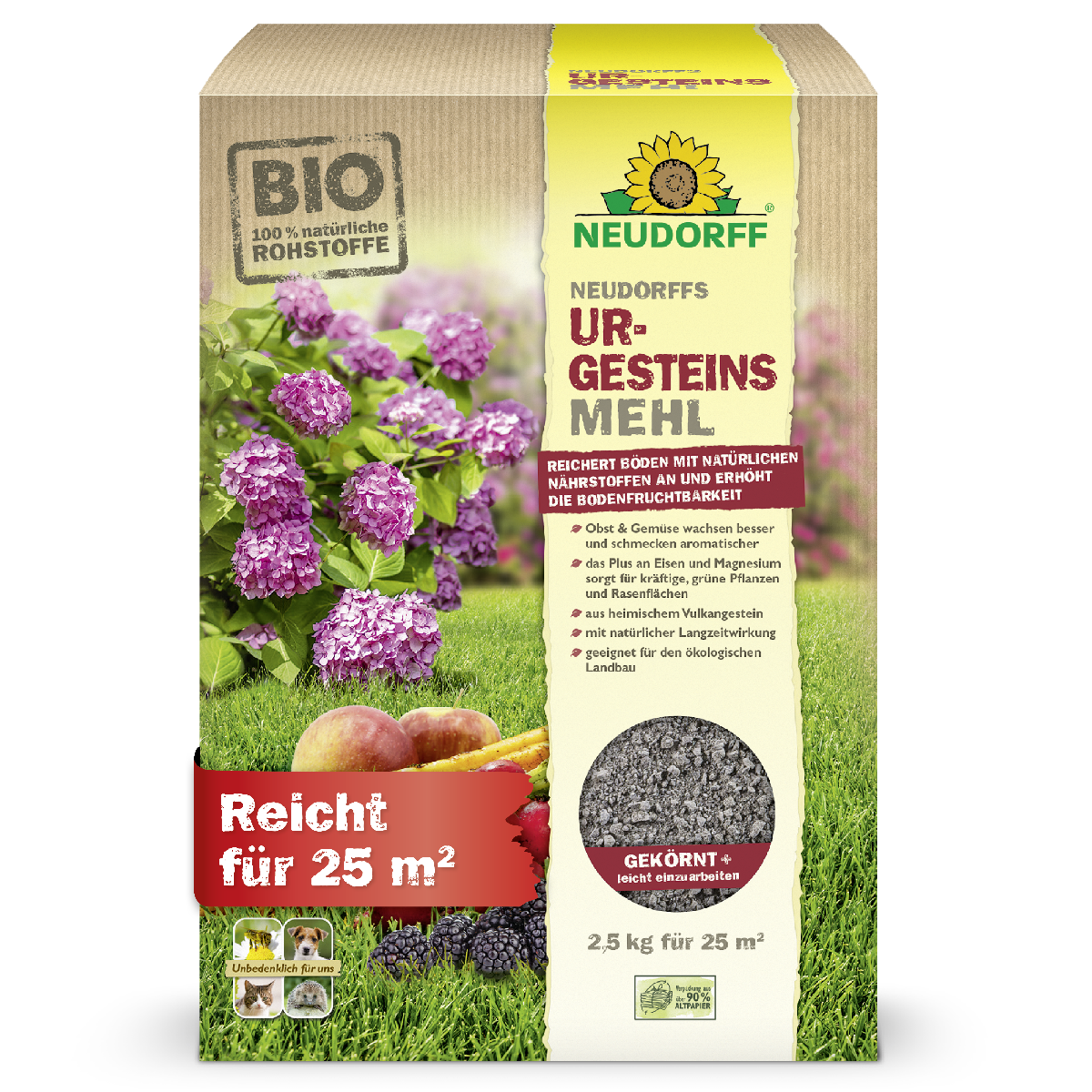 Neudorffs Urgesteinsmehl 2,5 KG reichert laut Produktabbildung Böden mit natürlichen Nährstoffen an und erhöht die Bodenfruchtbarkeit