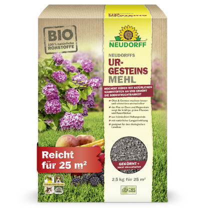 Neudorffs Urgesteinsmehl 2,5 KG reichert laut Produktabbildung Böden mit natürlichen Nährstoffen an und erhöht die Bodenfruchtbarkeit