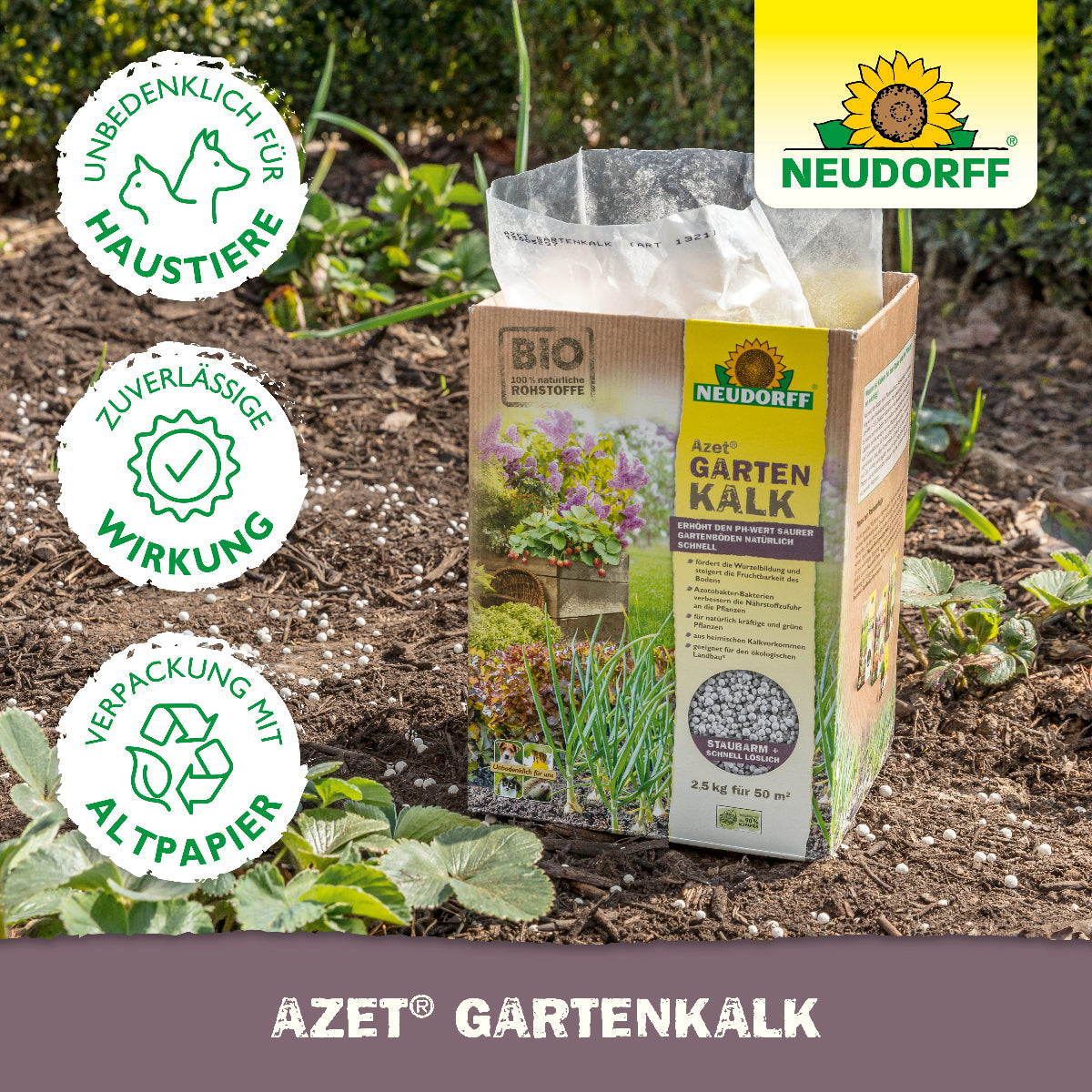 Azet Gartenkalk von Neudorff mit 100% natürlichen Rohstoffen erhöht den PH-Wert saurer Böden für kräftige, grüne Pflanzen und ist unbedenklich für Haustiere