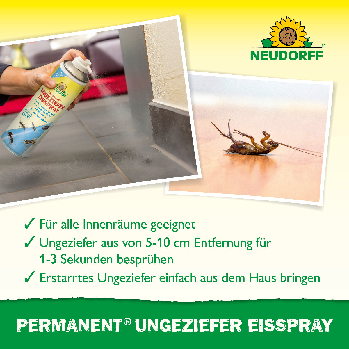 UngezieferEisspray von Neudorff ist für alle Innenräume geeignet, erstarrtes Ungeziefer einfach aus dem Haus bringen