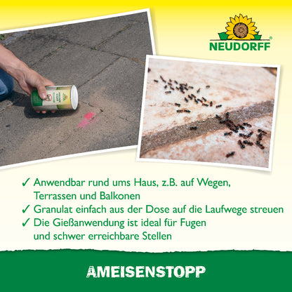 Das Granulat AmeisenStopp von Neudorff einfach auf die Gehwege streuen und Ameisen schnell vertreiben